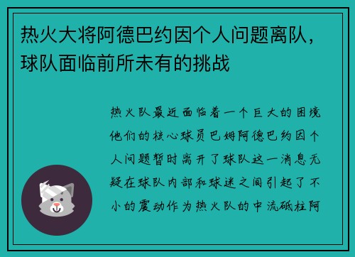 热火大将阿德巴约因个人问题离队，球队面临前所未有的挑战